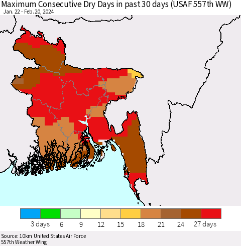 Bangladesh Maximum Consecutive Dry Days in past 30 days (USAF 557th WW) 02/20/2024 Thematic Map For 2/16/2024 - 2/20/2024