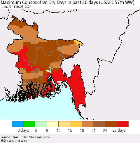 Bangladesh Maximum Consecutive Dry Days in past 30 days (USAF 557th WW) 02/25/2024 Thematic Map For 2/21/2024 - 2/25/2024