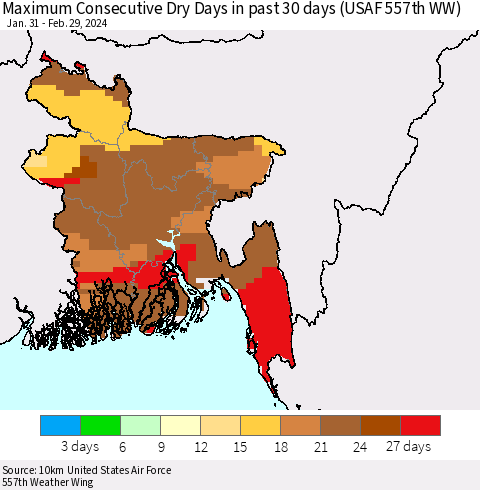 Bangladesh Maximum Consecutive Dry Days in past 30 days (USAF 557th WW) 02/29/2024 Thematic Map For 2/26/2024 - 2/29/2024