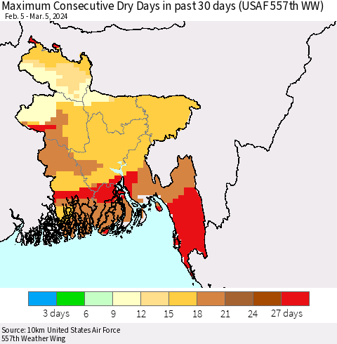 Bangladesh Maximum Consecutive Dry Days in past 30 days (USAF 557th WW) 03/05/2024 Thematic Map For 3/1/2024 - 3/5/2024