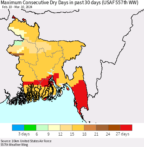 Bangladesh Maximum Consecutive Dry Days in past 30 days (USAF 557th WW) 03/10/2024 Thematic Map For 3/6/2024 - 3/10/2024