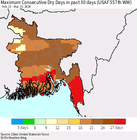 Bangladesh Maximum Consecutive Dry Days in past 30 days (USAF 557th WW) 03/15/2024 Thematic Map For 3/11/2024 - 3/15/2024