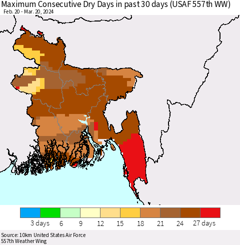 Bangladesh Maximum Consecutive Dry Days in past 30 days (USAF 557th WW) 03/20/2024 Thematic Map For 3/16/2024 - 3/20/2024