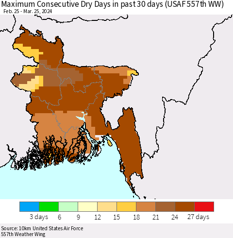 Bangladesh Maximum Consecutive Dry Days in past 30 days (USAF 557th WW) 03/25/2024 Thematic Map For 3/21/2024 - 3/25/2024