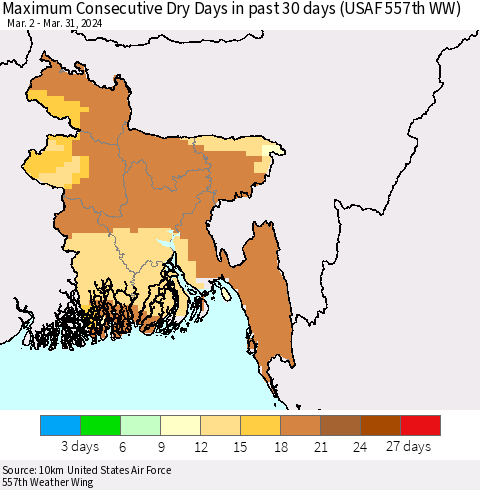 Bangladesh Maximum Consecutive Dry Days in past 30 days (USAF 557th WW) 03/31/2024 Thematic Map For 3/26/2024 - 3/31/2024