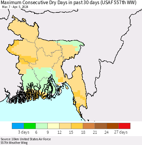Bangladesh Maximum Consecutive Dry Days in past 30 days (USAF 557th WW) 04/05/2024 Thematic Map For 4/1/2024 - 4/5/2024