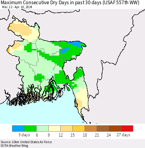 Bangladesh Maximum Consecutive Dry Days in past 30 days (USAF 557th WW) 04/10/2024 Thematic Map For 4/6/2024 - 4/10/2024