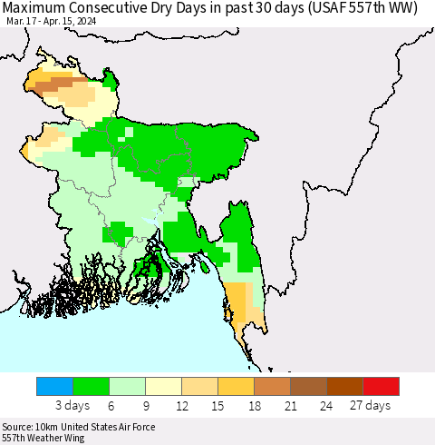 Bangladesh Maximum Consecutive Dry Days in past 30 days (USAF 557th WW) 04/15/2024 Thematic Map For 4/11/2024 - 4/15/2024