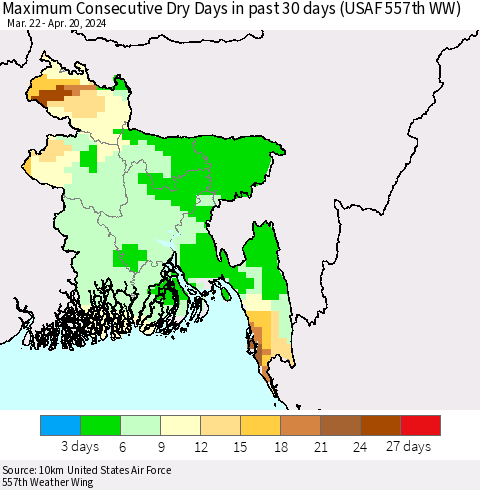 Bangladesh Maximum Consecutive Dry Days in past 30 days (USAF 557th WW) 04/20/2024 Thematic Map For 4/16/2024 - 4/20/2024