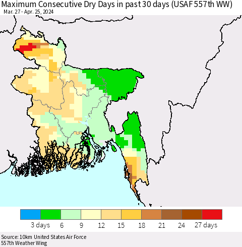 Bangladesh Maximum Consecutive Dry Days in past 30 days (USAF 557th WW) 04/25/2024 Thematic Map For 4/21/2024 - 4/25/2024