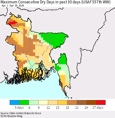Bangladesh Maximum Consecutive Dry Days in past 30 days (USAF 557th WW) 04/30/2024 Thematic Map For 4/26/2024 - 4/30/2024
