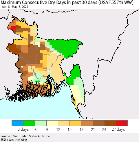 Bangladesh Maximum Consecutive Dry Days in past 30 days (USAF 557th WW) 05/05/2024 Thematic Map For 5/1/2024 - 5/5/2024
