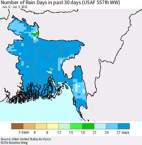 Bangladesh Number of Rain Days in past 30 days (USAF 557th WW) 07/05/2021 Thematic Map For 7/1/2021 - 7/5/2021