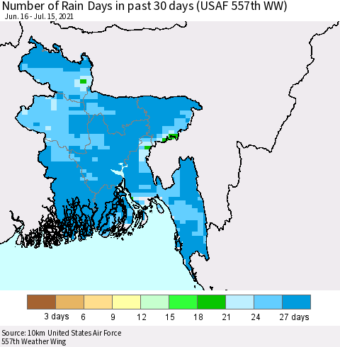 Bangladesh Number of Rain Days in past 30 days (USAF 557th WW) 07/15/2021 Thematic Map For 7/11/2021 - 7/15/2021