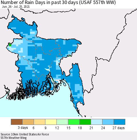 Bangladesh Number of Rain Days in past 30 days (USAF 557th WW) 07/25/2021 Thematic Map For 7/21/2021 - 7/25/2021