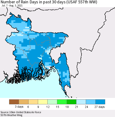 Bangladesh Number of Rain Days in past 30 days (USAF 557th WW) 08/05/2021 Thematic Map For 8/1/2021 - 8/5/2021