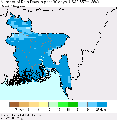 Bangladesh Number of Rain Days in past 30 days (USAF 557th WW) 08/10/2021 Thematic Map For 8/6/2021 - 8/10/2021