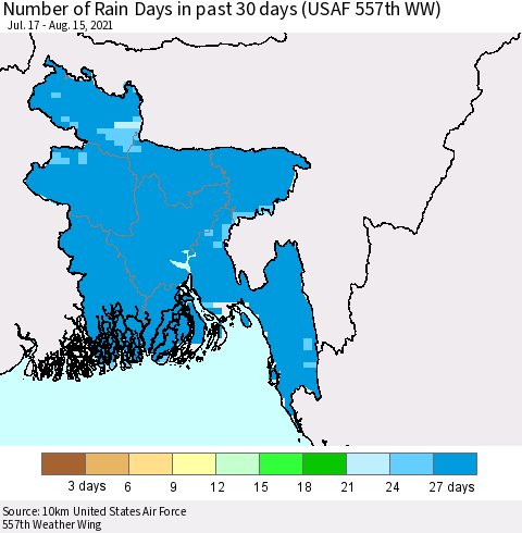 Bangladesh Number of Rain Days in past 30 days (USAF 557th WW) 08/15/2021 Thematic Map For 8/11/2021 - 8/15/2021