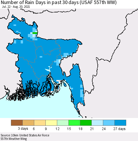 Bangladesh Number of Rain Days in past 30 days (USAF 557th WW) 08/20/2021 Thematic Map For 8/16/2021 - 8/20/2021