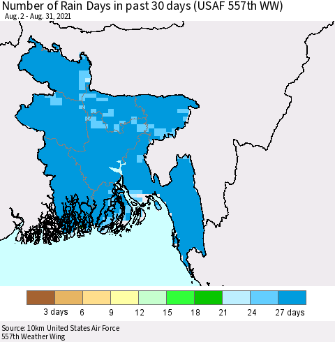 Bangladesh Number of Rain Days in past 30 days (USAF 557th WW) 08/31/2021 Thematic Map For 8/26/2021 - 8/31/2021