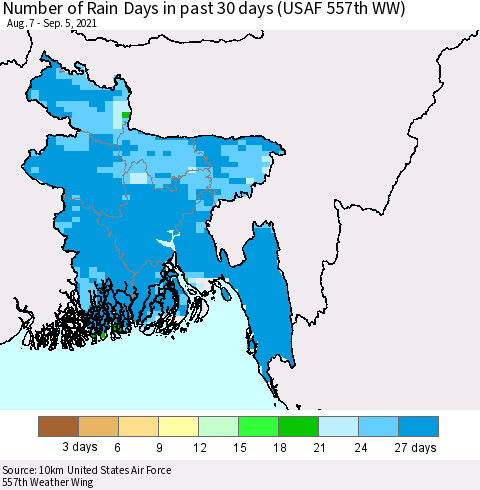 Bangladesh Number of Rain Days in past 30 days (USAF 557th WW) 09/05/2021 Thematic Map For 9/1/2021 - 9/5/2021