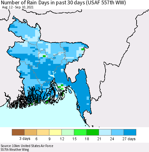 Bangladesh Number of Rain Days in past 30 days (USAF 557th WW) 09/10/2021 Thematic Map For 9/6/2021 - 9/10/2021
