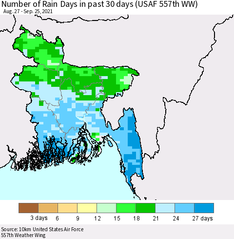 Bangladesh Number of Rain Days in past 30 days (USAF 557th WW) 09/25/2021 Thematic Map For 9/21/2021 - 9/25/2021