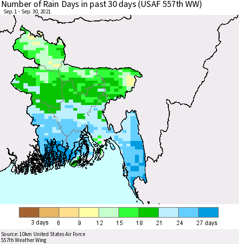 Bangladesh Number of Rain Days in past 30 days (USAF 557th WW) 09/30/2021 Thematic Map For 9/26/2021 - 9/30/2021