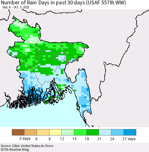 Bangladesh Number of Rain Days in past 30 days (USAF 557th WW) 10/05/2021 Thematic Map For 10/1/2021 - 10/5/2021