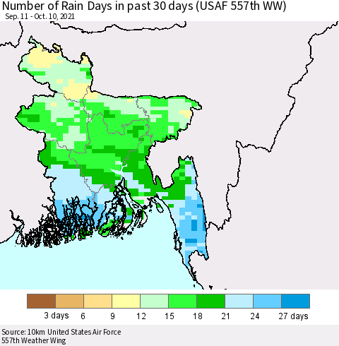 Bangladesh Number of Rain Days in past 30 days (USAF 557th WW) 10/10/2021 Thematic Map For 10/6/2021 - 10/10/2021