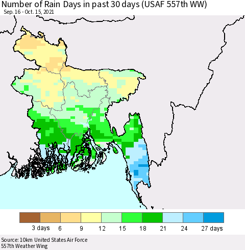 Bangladesh Number of Rain Days in past 30 days (USAF 557th WW) 10/15/2021 Thematic Map For 10/11/2021 - 10/15/2021