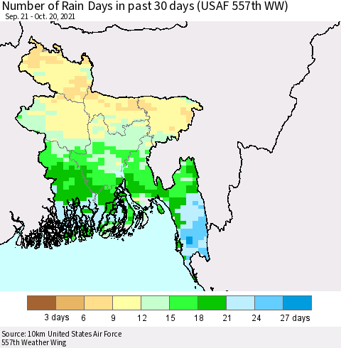 Bangladesh Number of Rain Days in past 30 days (USAF 557th WW) 10/20/2021 Thematic Map For 10/16/2021 - 10/20/2021