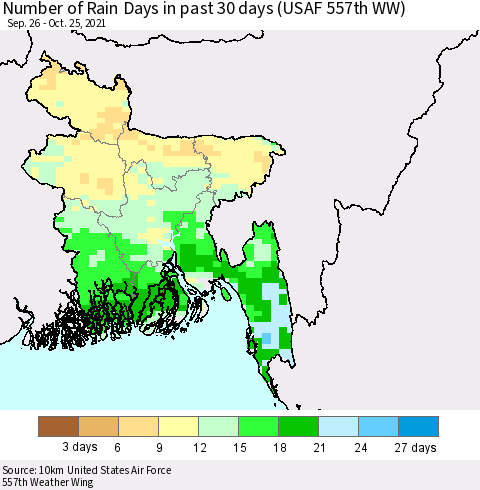 Bangladesh Number of Rain Days in past 30 days (USAF 557th WW) 10/25/2021 Thematic Map For 10/21/2021 - 10/25/2021