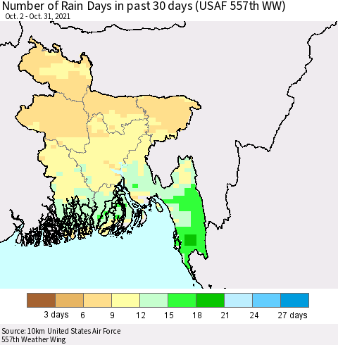 Bangladesh Number of Rain Days in past 30 days (USAF 557th WW) 10/31/2021 Thematic Map For 10/26/2021 - 10/31/2021