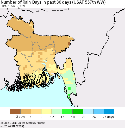 Bangladesh Number of Rain Days in past 30 days (USAF 557th WW) 11/05/2021 Thematic Map For 11/1/2021 - 11/5/2021