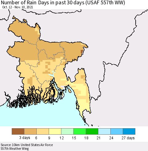 Bangladesh Number of Rain Days in past 30 days (USAF 557th WW) 11/10/2021 Thematic Map For 11/6/2021 - 11/10/2021