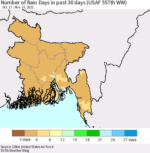 Bangladesh Number of Rain Days in past 30 days (USAF 557th WW) 11/15/2021 Thematic Map For 11/11/2021 - 11/15/2021