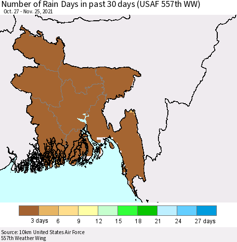 Bangladesh Number of Rain Days in past 30 days (USAF 557th WW) 11/25/2021 Thematic Map For 11/21/2021 - 11/25/2021