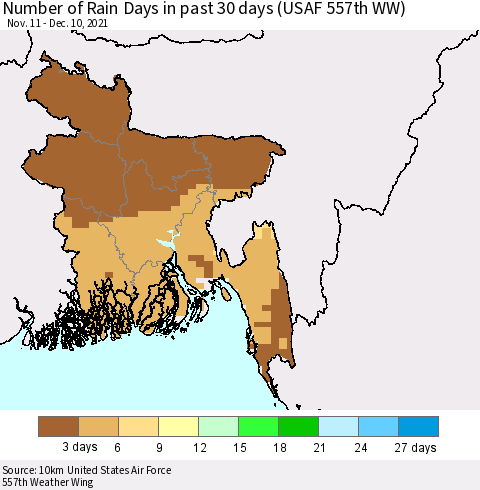Bangladesh Number of Rain Days in past 30 days (USAF 557th WW) 12/10/2021 Thematic Map For 12/6/2021 - 12/10/2021