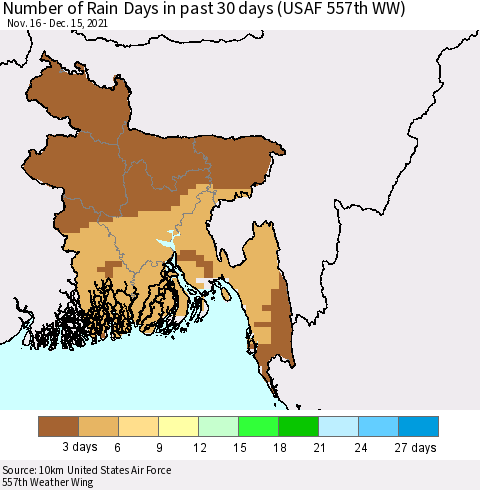 Bangladesh Number of Rain Days in past 30 days (USAF 557th WW) 12/15/2021 Thematic Map For 12/11/2021 - 12/15/2021