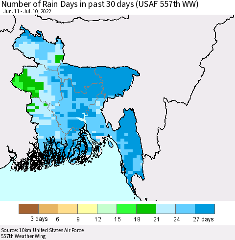 Bangladesh Number of Rain Days in past 30 days (USAF 557th WW) 07/10/2022 Thematic Map For 7/6/2022 - 7/10/2022