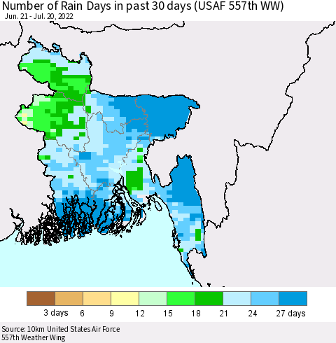 Bangladesh Number of Rain Days in past 30 days (USAF 557th WW) 07/20/2022 Thematic Map For 7/16/2022 - 7/20/2022