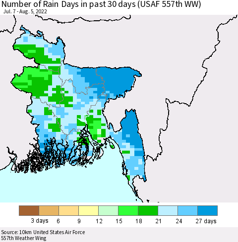 Bangladesh Number of Rain Days in past 30 days (USAF 557th WW) 08/05/2022 Thematic Map For 8/1/2022 - 8/5/2022