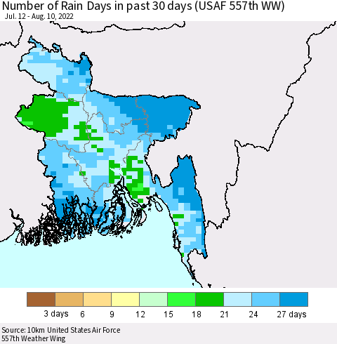 Bangladesh Number of Rain Days in past 30 days (USAF 557th WW) 08/10/2022 Thematic Map For 8/6/2022 - 8/10/2022