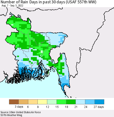 Bangladesh Number of Rain Days in past 30 days (USAF 557th WW) 09/05/2022 Thematic Map For 9/1/2022 - 9/5/2022