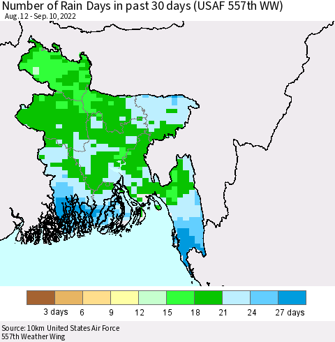 Bangladesh Number of Rain Days in past 30 days (USAF 557th WW) 09/10/2022 Thematic Map For 9/6/2022 - 9/10/2022