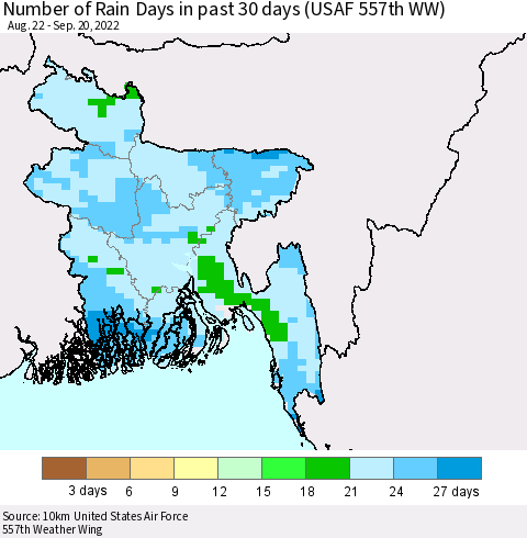 Bangladesh Number of Rain Days in past 30 days (USAF 557th WW) 09/20/2022 Thematic Map For 9/16/2022 - 9/20/2022