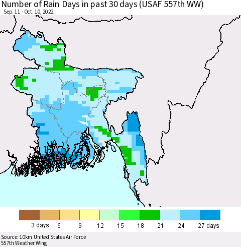Bangladesh Number of Rain Days in past 30 days (USAF 557th WW) 10/10/2022 Thematic Map For 10/6/2022 - 10/10/2022