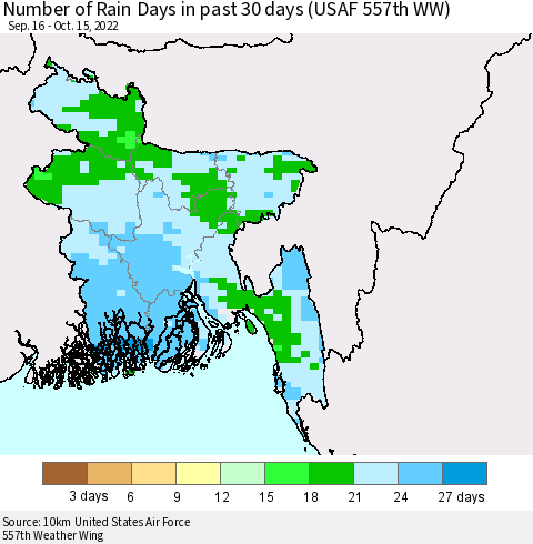 Bangladesh Number of Rain Days in past 30 days (USAF 557th WW) 10/15/2022 Thematic Map For 10/11/2022 - 10/15/2022