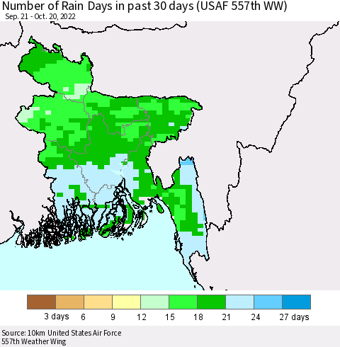 Bangladesh Number of Rain Days in past 30 days (USAF 557th WW) 10/20/2022 Thematic Map For 10/16/2022 - 10/20/2022
